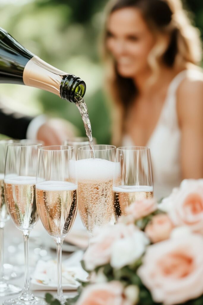 champagne pouring at wedding as signature cocktails while bride watches