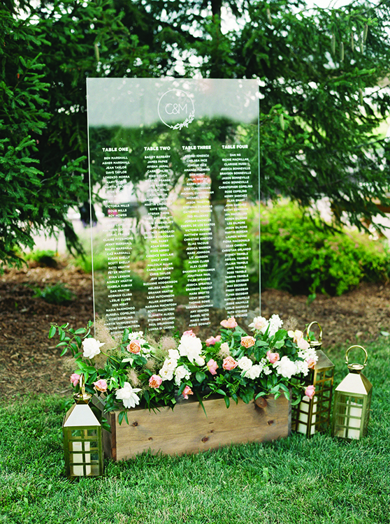 beautiful clear acrylic wedding guest seating chart for outdoor wedding plus-one etiquette