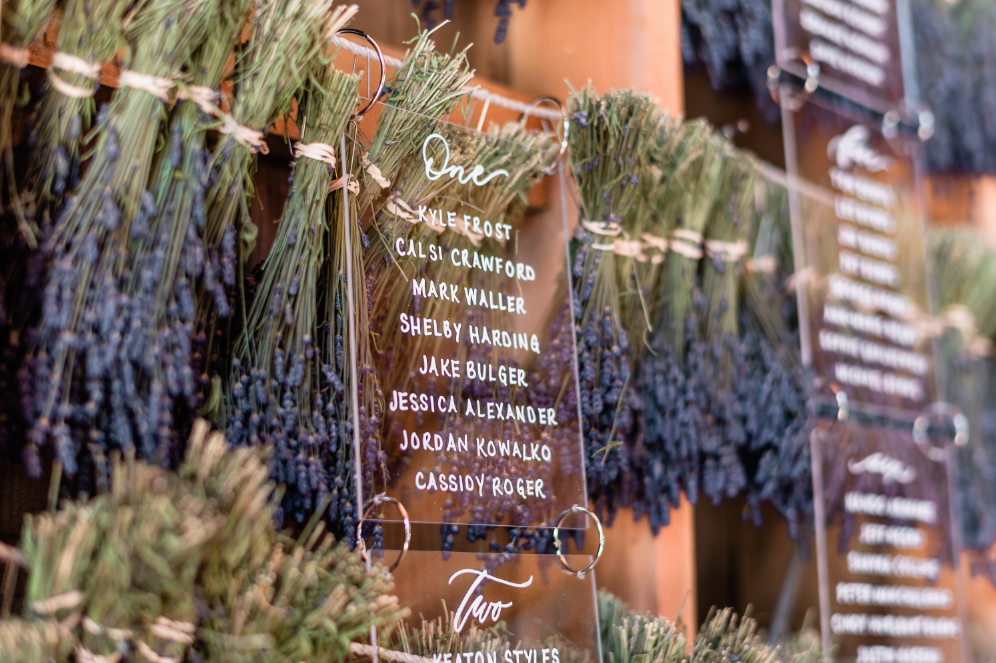 sprigs of lavender decorate wedding seating chart