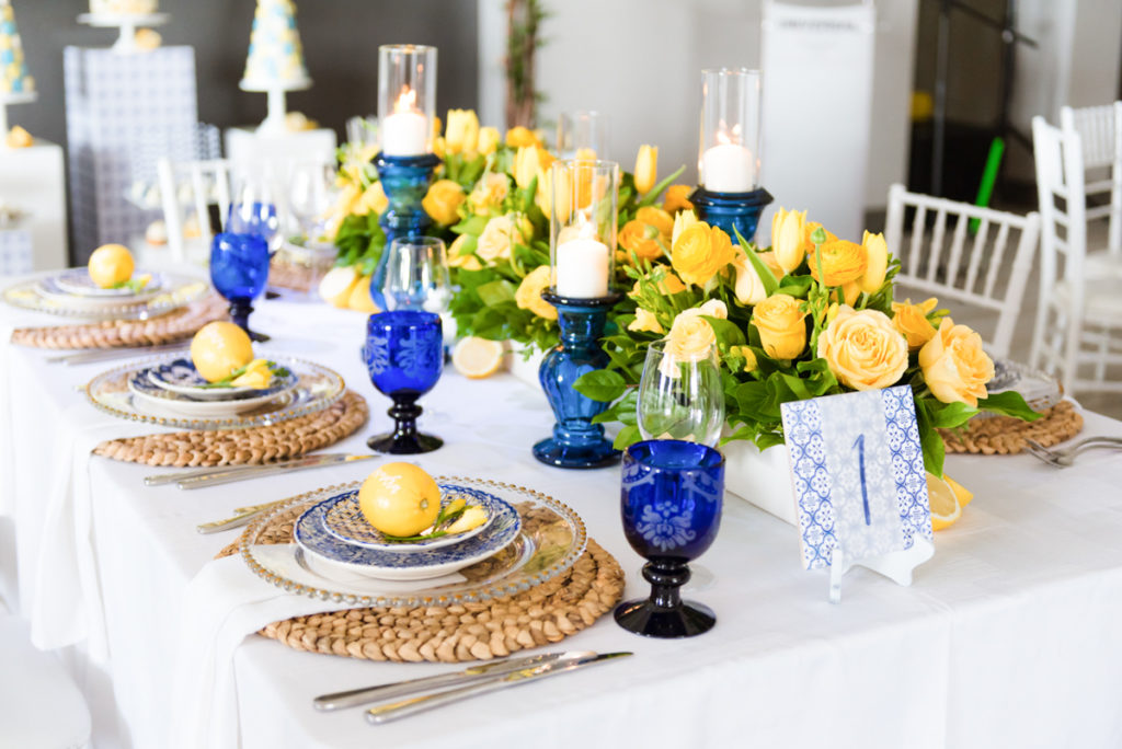 Navy and yellow wedding table decor contrasting wedding colour palette bridal shower