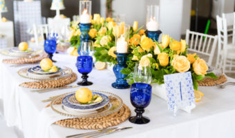 Navy and yellow wedding table decor contrasting wedding colour palette bridal shower