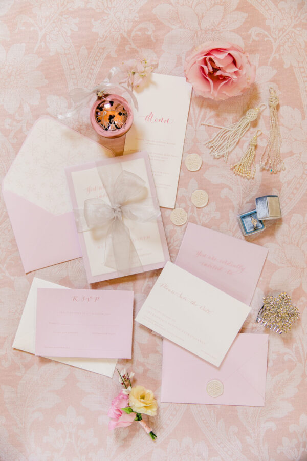 pink holiday wedding invitation