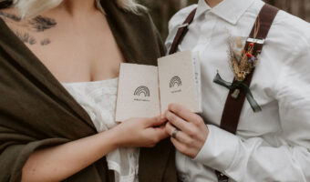 bride and groom holding vow books for portrait after private vows are shared