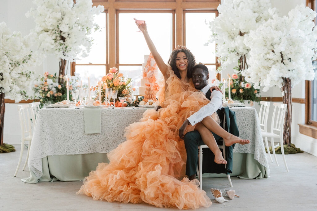 Stunning peach coloured wedding dress with ruffles - fairy tale wedding