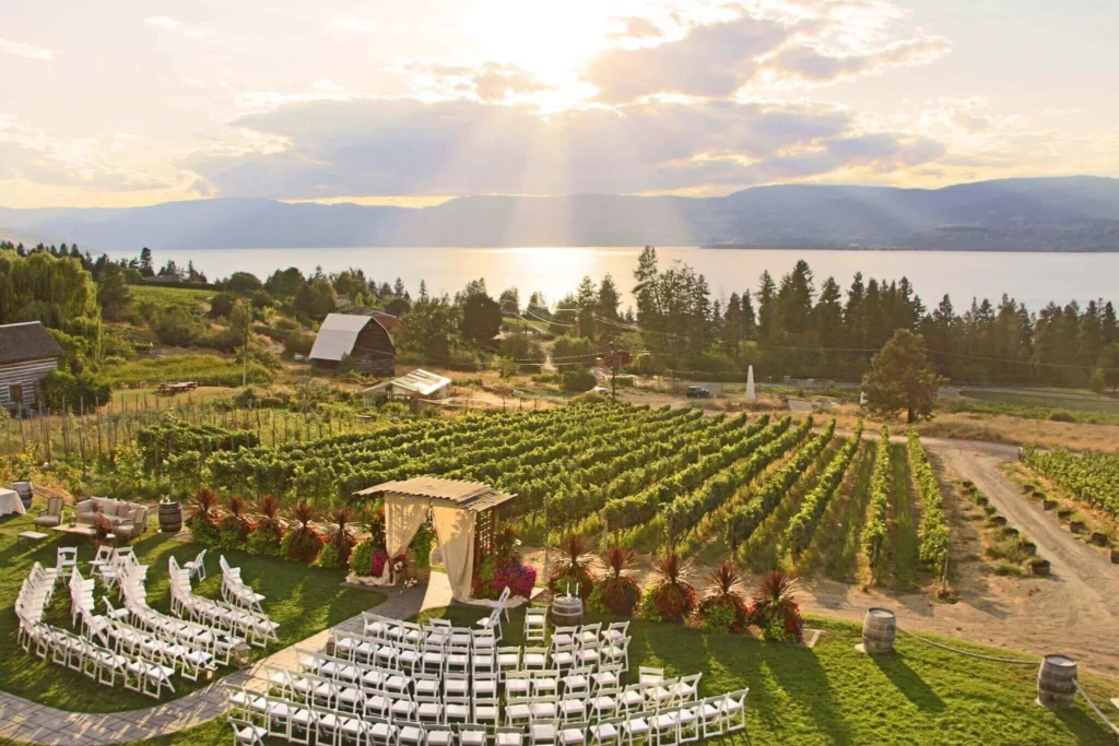 beautiful outdoor wedding ceremony setup at Okanagan Lake in Canada