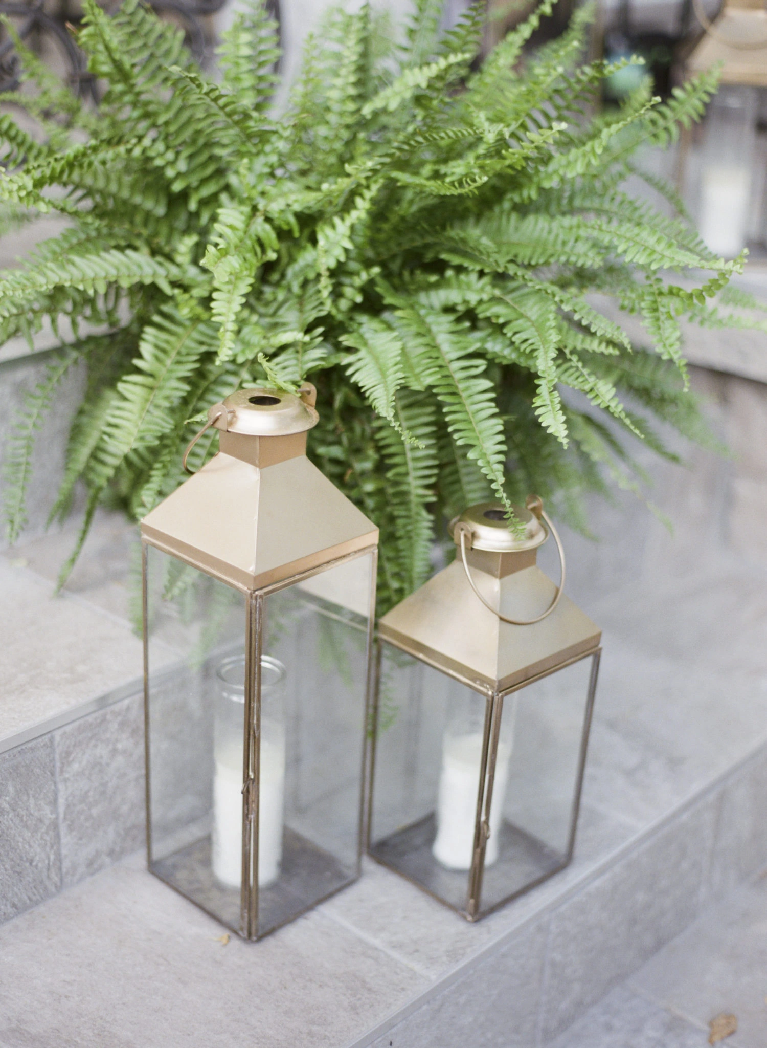 wedding lanterns with gold details next to a lush fern for garden wedding decor