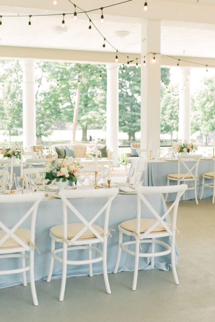 Pale blue tablescape at LaSalle Banquet Center wedding