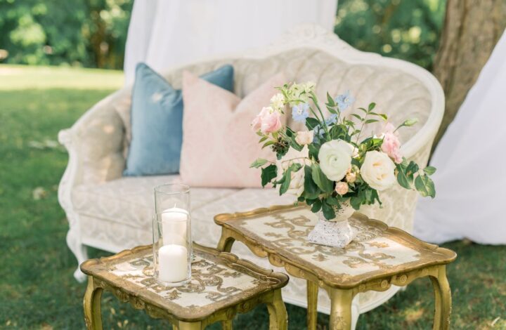 beautiful vintage couch seating at backyard wedding reception with drapery hanging from tree wedding lounge area for optimal guest experience