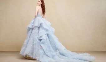 model wearing Ines Di Santo Symphony a beautiful pastel blue wedding dress