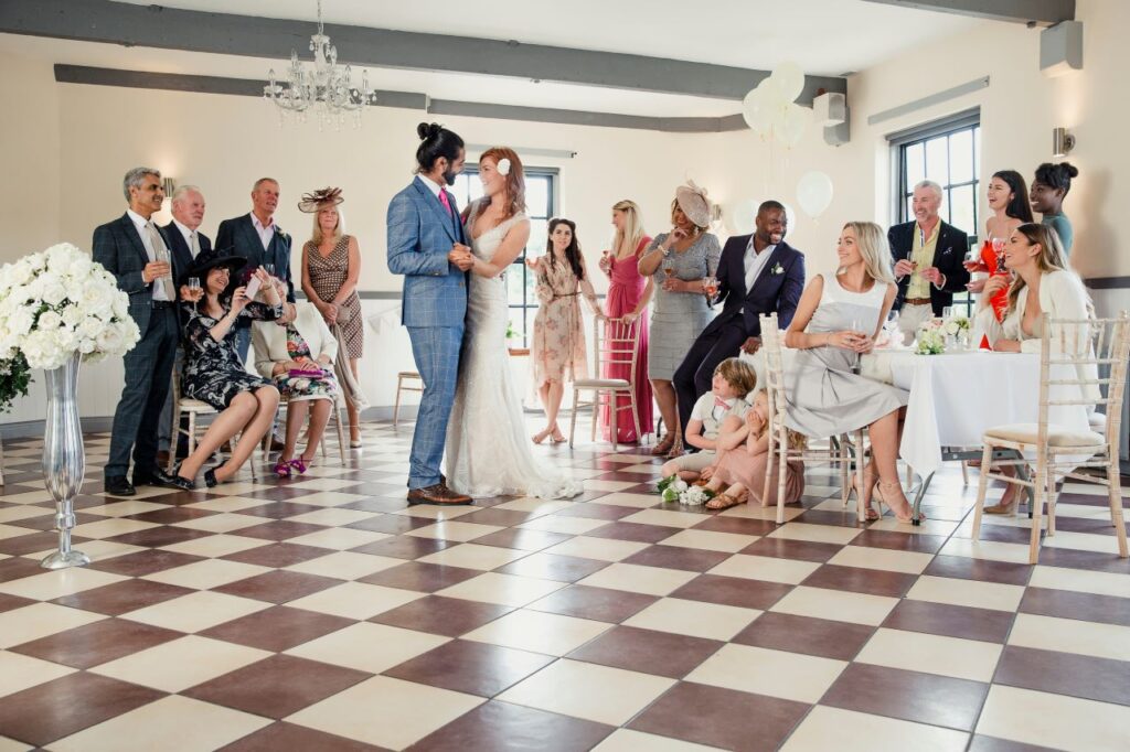 Checkered black and white wedding dance floor