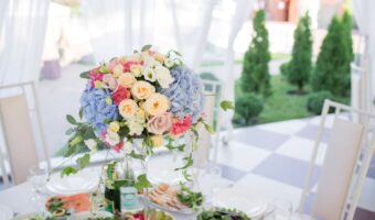 beautiful wedding brunch or wedding breakfast table in white tent