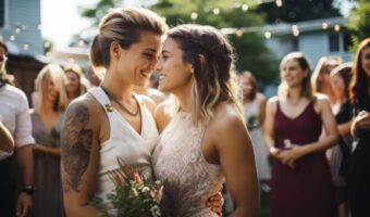 wedding vows shared by two brides at outdoor wedding