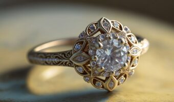 gold vintage engagement ring with filagree details
