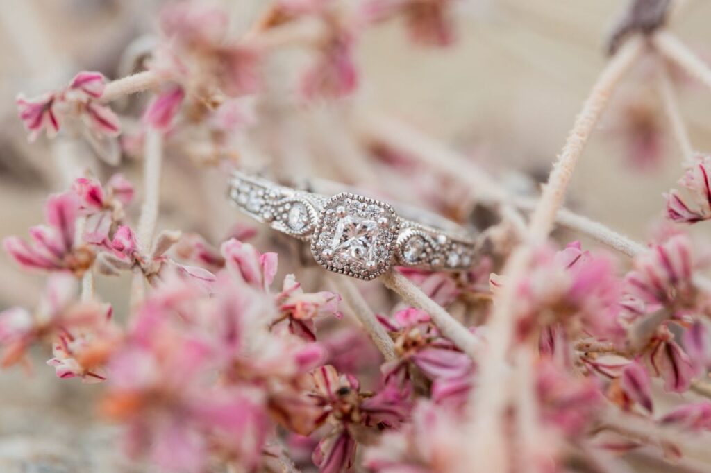 antique and vintage engagement ring and pink flowers