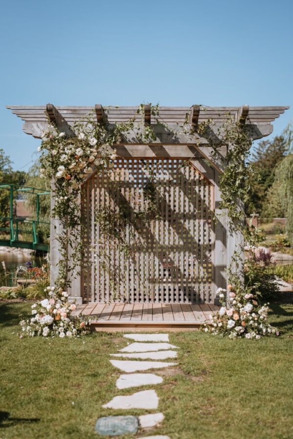 Elegant wedding decor adorned with beautiful flowers and lush greenery