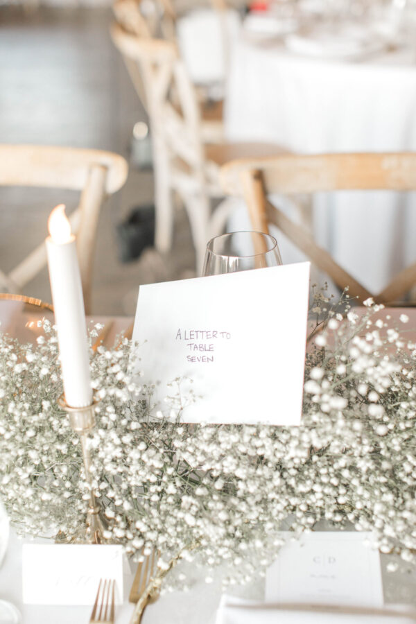 A table adorned with elegant white flowers and neatly arranged place cards.