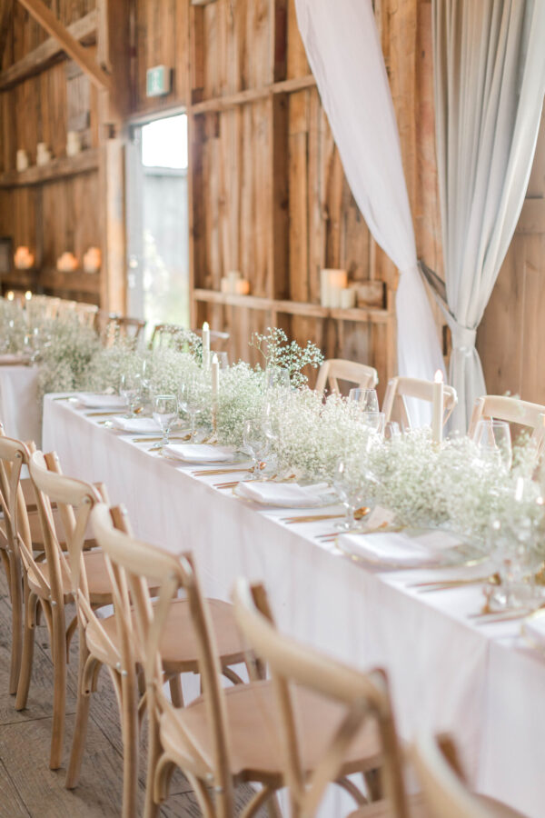 A charming barn adorned with delicate fairy lights, hosting a beautifully decorated rustic wedding reception.