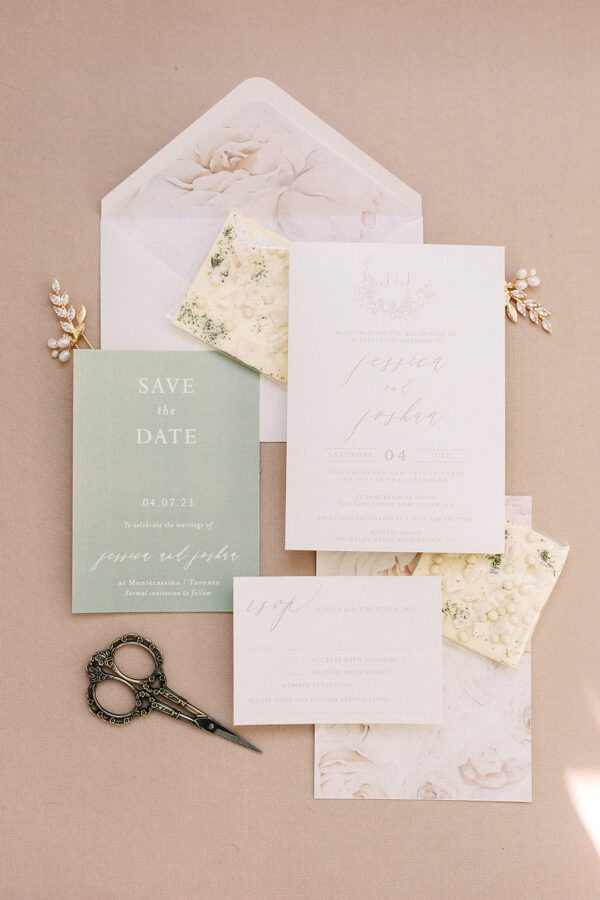 A formal wedding invitation with an elegant envelope and a pair of scissors placed nearby.