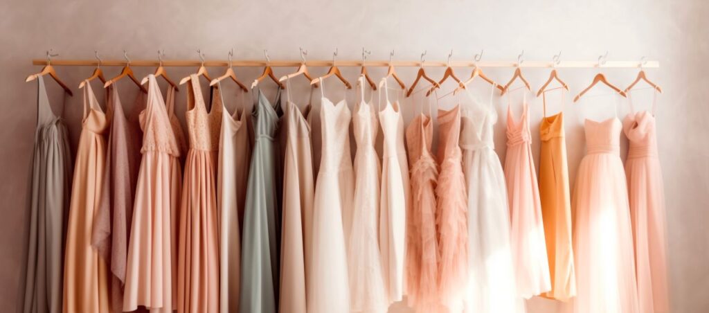 pastel and earth tones bridesmaid dresses hanging on rack