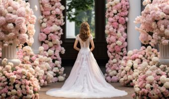 A bride gracefully passes through a floral archway, radiating elegance and joy on her special day.