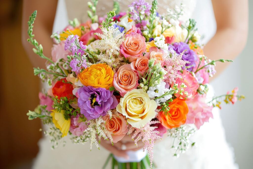 bride holding summer wedding bouquet filled with seasonal wedding flowers in variety of bride colours
