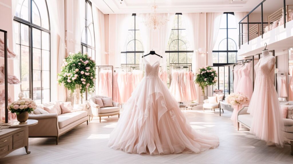 gorgeous bridal boutique with floor to ceiling windows for wedding dress shopping
