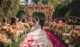 seasonal wedding flowers decorate the aisle and pergola at altar