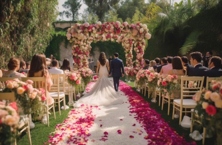 seasonal wedding flowers decorate the aisle and pergola at altar