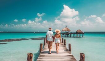 couple holding hands walk on over the water boardwalk at Cancun destination wedding destination wedding insurance