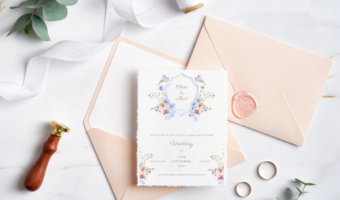 beautiful wedding invitation with floral crest