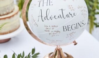 Beautitul white and rose gold The Adventure Begins here globe wedding guest book