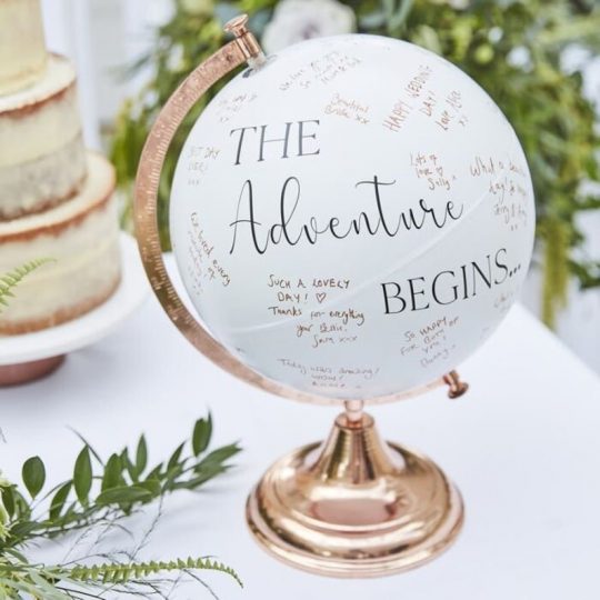 Beautitul white and rose gold The Adventure Begins here globe wedding guest book