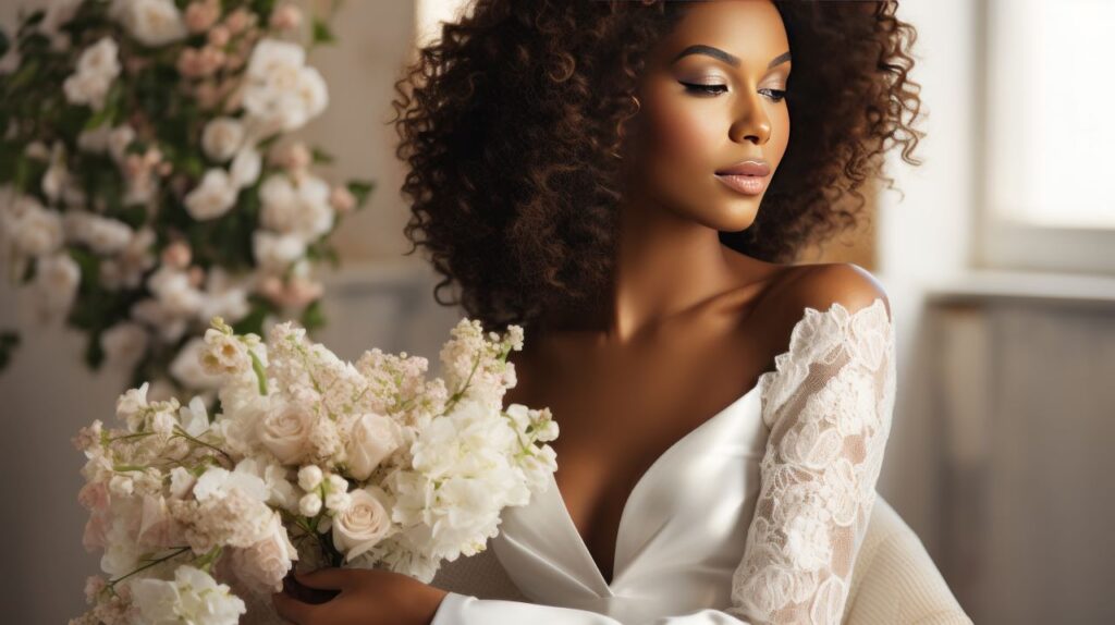 stunning portrait of African American bride with natural wedding hairstyle