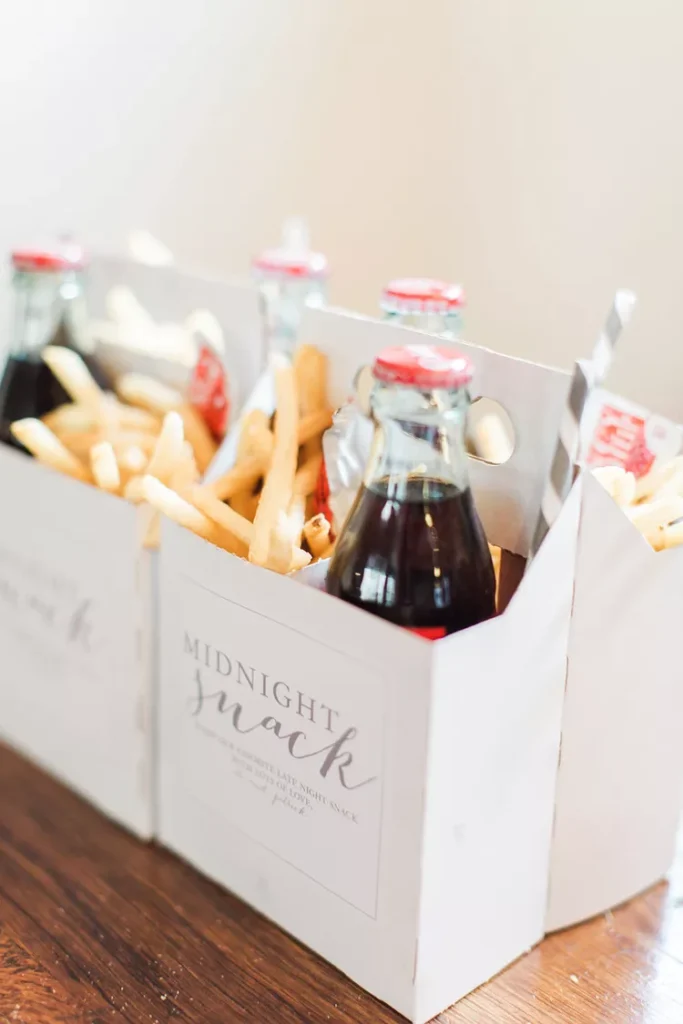cutest white paper to go boxes for wedding snacks fits coke bottle fries and burger