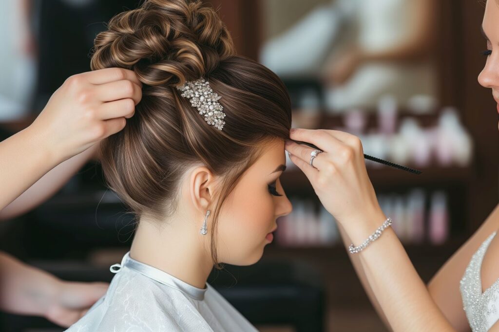 bride with high updo wedding hairstyle getting ready
