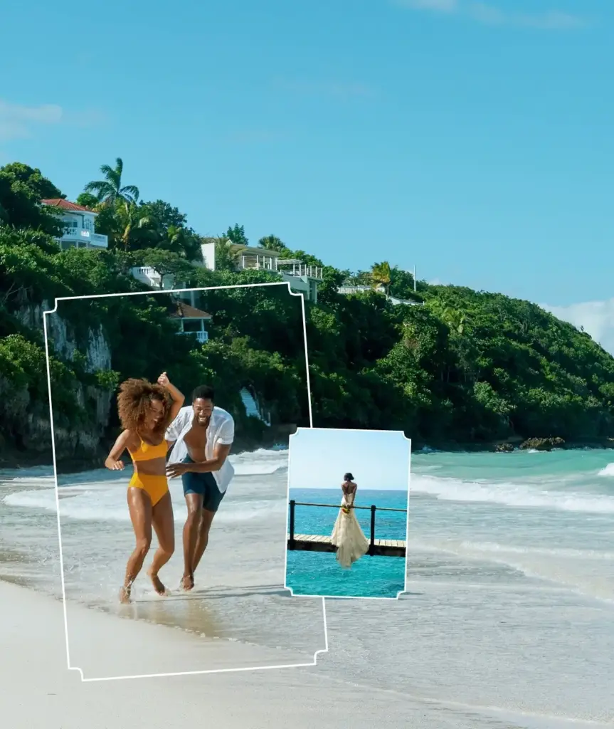 beautiful beach in Jamaica with honeymoon couple running on it - destination wedding paradise