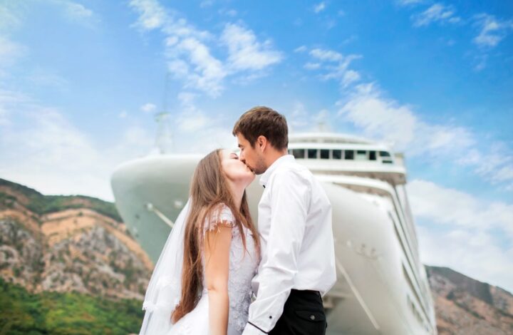 cruise weddings portrait with ship as the background