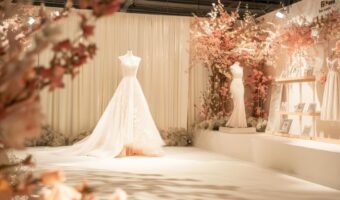A bridal expo uses a soft, floral decorated stage for runway bridal shows