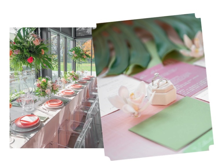 tropical reception decor coral and green