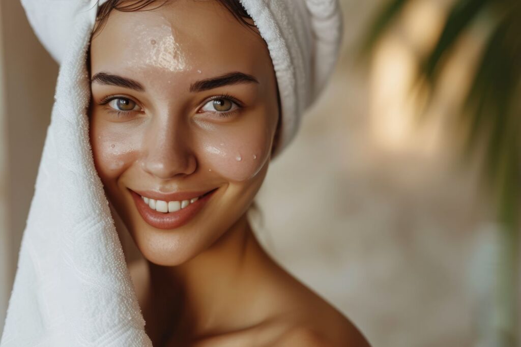 wedding beauty tips for bride take care of her skin with hair wrapped in a towel, after showering.