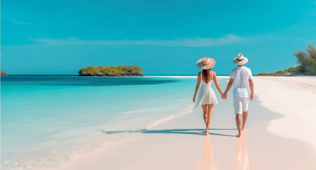 couple walking on beach holding hands next to turquoise water at destination wedding trends