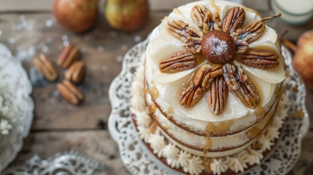 overhead view of Fall wedding cake flavour with pecans