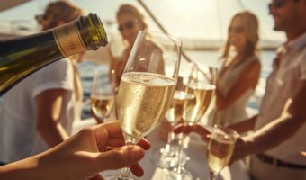 friends toasting champagne on yacht for wedding rehearsal dinner