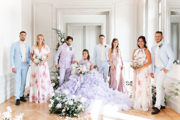 beautiful bridal party portrait at pastel garden wedding