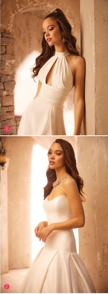 Two beautiful Mikaella weddign dresses outline the top bridal trends