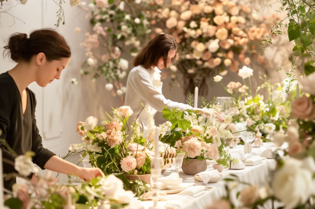 two wedding planners style beautiful wedding table wedding vendors setting up