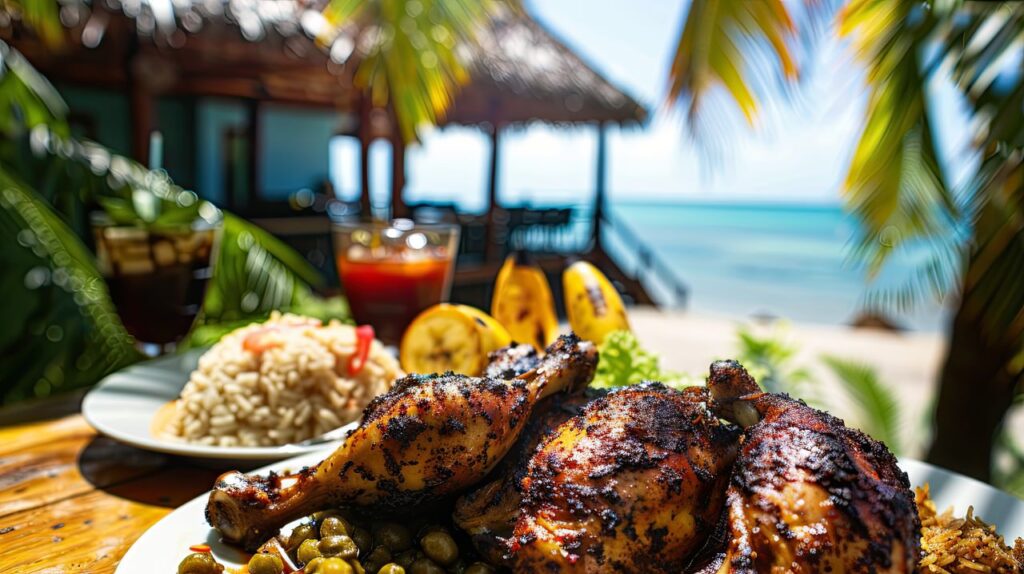 Jamaican wedding food on the beach