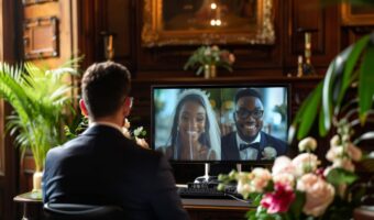 brida and groom tie the knot while guests watch on tv during virtual destination wedding