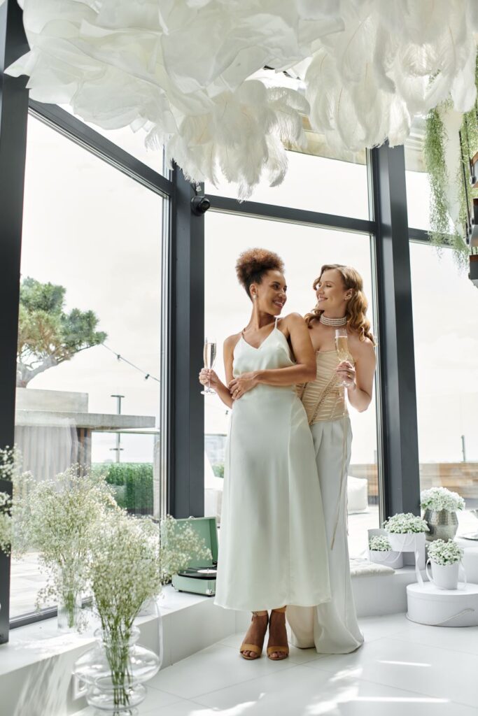 two brides embrace in wedding venue with ocean view floor to ceiling windows during surprise wedding