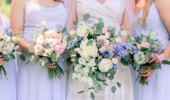 women wearing bridemaid dress colours in lavender wedding flower donations